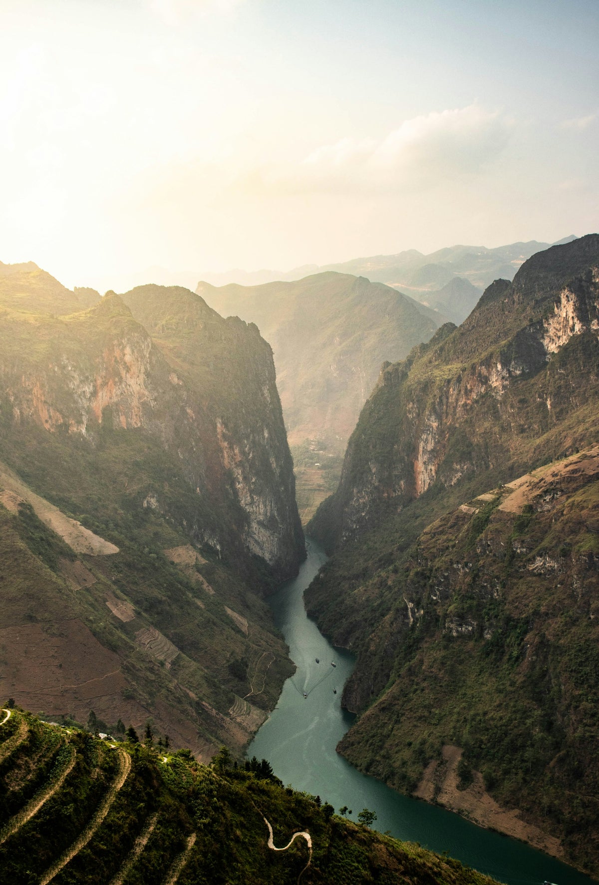The Nho Que River winding between mountains in Ha Giang, northern Vietnam