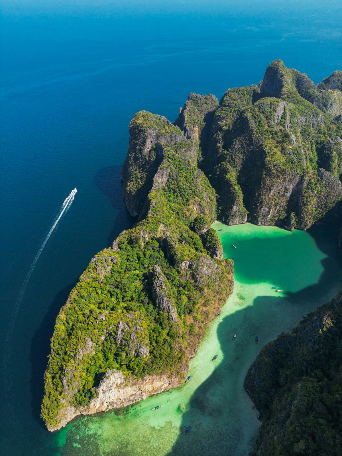 Aerial view of the emerald water of Pileh Lagoon, Phi Phi Islands, Thailand